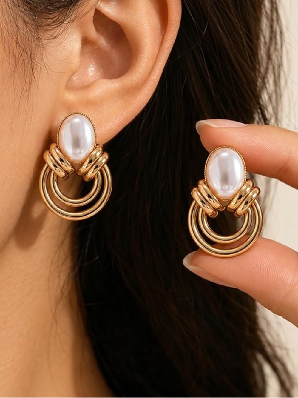 Anthropologie Gold Hoop Drop Earrings with White Pearl Cabochon